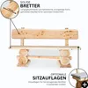 A wooden garden bench with close-up details and text descriptions of its features. Produktbild-Vorschau
