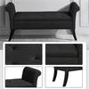 A dark grey fabric storage bench with tufted seating and curved armrests, shown from a slightly elevated front-side angle. The image is composed of a main shot and four smaller detail shots below, showcasing the tufting, the fabric texture, the interior of Podgląd zdjęcia produktu