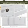 Collage of close-up details of a white sideboard, including a drawer knob, the base, and the doors, with descriptive text. Produktbild-Vorschau