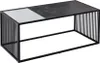 A modern coffee table with a black metal frame and a split top, one half clear glass and the other half black marble-effect. Produktbild-Vorschau