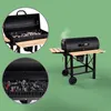 A collage of images showing a black charcoal grill with wooden shelves and wheels, with close-up views of the inside. Náhľad obrázku produktu