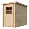 A wooden garden shed with a window and a door, presented against a white background. Produktbild-Vorschau