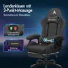 A gaming chair with marketing overlays highlighting its features. Produktbild-Vorschau