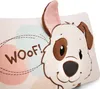 A close-up of a plush dog pillow with the word 'Woof!' embroidered on it. Produktbild-Vorschau