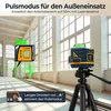 A laser level device is shown in a large, well-lit room with large windows, demonstrating its outdoor use with a detector. Produktbild-Vorschau