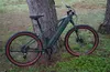 An e-bike is leaning against a tree in an outdoor setting with grass and foliage. Produktbild-Vorschau