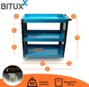 A blue and black three-tier workshop trolley with various dimensions indicated by orange circles and lines. Produktbild-Vorschau