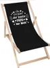 A black deck chair with wooden frame, featuring a white text graphic. Produktbild-Vorschau