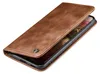 A brown leather flip case for a smartphone, shown from a diagonal angle with the flip cover partially open. Produktbild-Vorschau