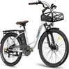 A white electric bicycle with a front basket and rear rack, shown against a white background. Produktbild-Vorschau