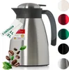A silver thermos jug is shown against a white background, with various color swatches on the right side and coffee beans and leaves at the bottom. Produktbild-Vorschau