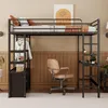 A loft bed with a desk and storage is set up in a bedroom with a chair and artwork on the wall. Podgląd zdjęcia produktu