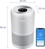 A Levoit Core 300s Pro air purifier is shown next to a smartphone displaying its app interface. Dimensions are indicated with measurement lines and text. Produktbild-Vorschau