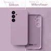 A split image showing the front and back of a purple phone case, with text indicating material composition. Produktbild-Vorschau