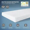A white cold foam mattress is shown on a light blue background with various feature icons and text. Produktbild-Vorschau
