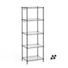 A black metal shelving unit with five shelves, shown against a white background. Four caster wheels are visible to the right of the unit. Produktbild-Vorschau