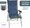 A chair cushion on a chair with measurement indicators and text overlays. Produktbild-Vorschau
