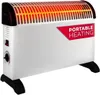 A white portable electric heater with glowing red heating elements at the top, set on black feet. It has a red label with white text on its side. Produktbild-Vorschau