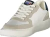 A close-up, studio shot of a single white and beige sneaker with a navy blue accent on the heel. Produktbild-Vorschau
