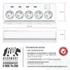 A product shot of a white power strip with multiple outlets and USB ports, along with its dimensions and technical specifications. Produktbild-Vorschau