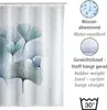 A shower curtain with a ginkgo leaf pattern, accompanied by feature descriptions and icons. Produktbild-Vorschau