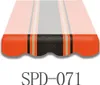 A close-up view of an awning fabric with stripes and a scalloped edge, with a product code below. Produktbild-Vorschau