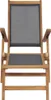 A front view of a wooden lounge chair with a gray fabric seat and back. Voir les images du produit