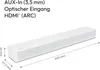 A white soundbar with dimensions indicated by lines and text. Produktbild-Vorschau