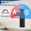 A black faucet is shown with graphics indicating temperature control, a flame for hot and a snowflake for cold. A flexible hose is also pictured. Produktbild-Vorschau