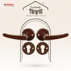 A product image featuring two brown door handles and two keyhole escutcheons, presented with marketing text and a brand logo. Produktbild-Vorschau