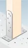 A metal post anchor is attached to a wooden post and a concrete surface. Produktbild-Vorschau