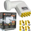 A collage of a satellite LNB and its packaging, along with accessories. Podgląd zdjęcia produktu