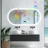 A modern bathroom with a large LED mirror above a double vanity, featuring decorative musical notes on the mirror. Podgląd zdjęcia produktu
