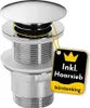 A chrome-finished drain assembly with a pop-up stopper and a hanging tag. Produktbild-Vorschau