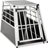 A dog transport box with an open door, shown from a slightly elevated front-left angle against a white background.
