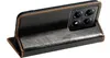 A dark brown leather flip case for a smartphone is shown from a diagonal angle, with the phone's camera module visible. Produktbild-Vorschau