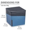 A blue cube-shaped dehumidifier with dimensions indicated by text and lines. Anteprima dell’immagine prodotto