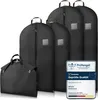 A collection of black garment bags of varying sizes and a black duffel bag are arranged on a white background. A small seal with text is visible in the lower right corner. Produktbild-Vorschau