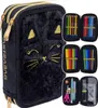 A black fluffy pencil case with a cat face design, shown with its compartments open and filled with colored pencils, markers, and other stationery. Produktbild-Vorschau