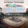 An advertisement for an air mattress showing its features and a person sleeping on it. Produktbild-Vorschau