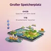A tablet displaying a virtual world with islands and a ship, accompanied by text highlighting storage capacity. Produktbild-Vorschau