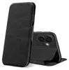 A black flip case for a smartphone is shown in a studio setting against a white background. The case is partially open, revealing the back of a smartphone with its camera lenses. Náhled obrázku produktu