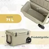 A collage of images showing a tan cooler box with dimensions and capacity information. Náhľad obrázku produktu