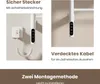 Two images showing features of a white electric towel warmer, one with a plug and coiled cord, the other showing a close-up of the control panel. Produktbild-Vorschau