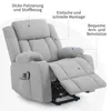 A light gray recliner chair with features highlighted by text overlays. Podgląd zdjęcia produktu