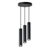 A black, three-light pendant lamp with cylindrical shades, suspended from a round ceiling plate. Podgląd zdjęcia produktu