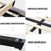 Collage of close-up images showing details of a bed frame, with German text highlighting features. Produktbild-Vorschau