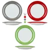 A collage of three different colored dinner plates, with color swatches and text indicating quantity. Produktbild-Vorschau