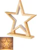 A wooden star-shaped lamp with LED lights, shown on a white background. An inset image shows the lamp lit up. Produktbild-Vorschau