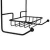 A close-up view of a black metal shower caddy with a soap dish and hooks. Anteprima dell’immagine prodotto
